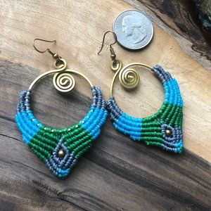 Blue and Green Brass Macrame Earrings
